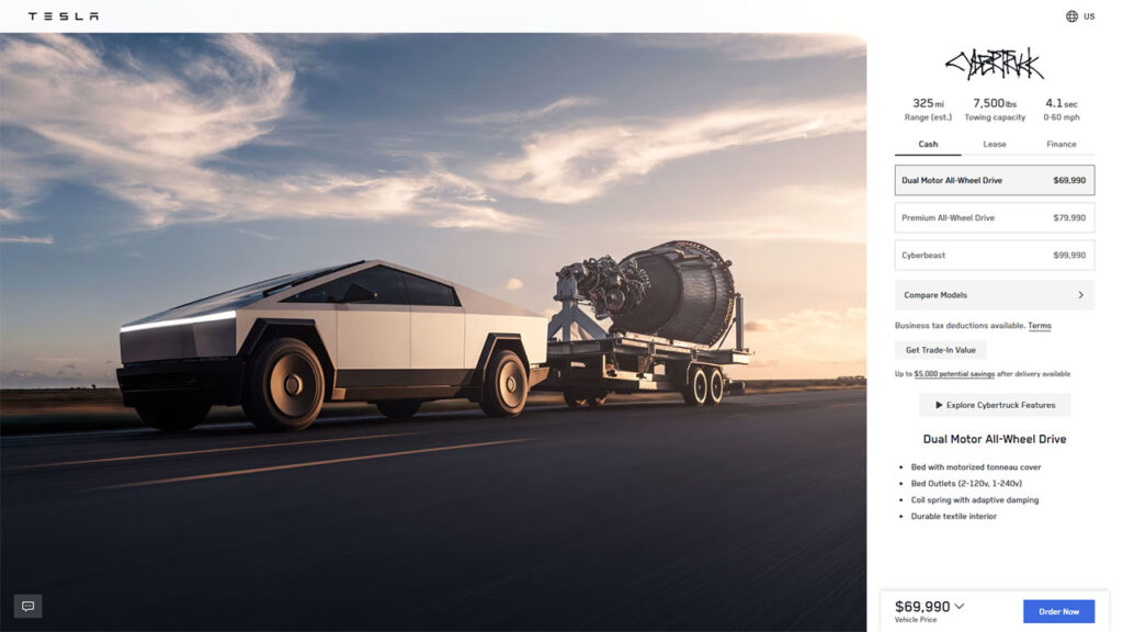 Screenshot of the Tesla Cybertruck online order configurator for the US, showing the new $69,990 price of the base Cybertruck AWD.