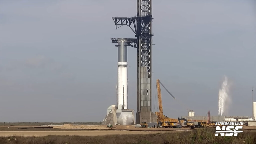 Flight 12 Starship V3 Booster 19 rocket mounted on Pad 2 at Starbase and going through a propellant loading test on Tuesday, 10th March 2026.