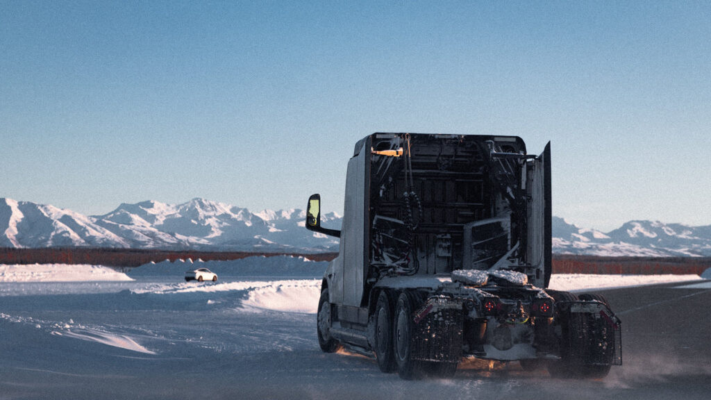 The bobcat Tesla Semi-truck (without trailer), doing cold-weather testing at an undisclosed location (most probably Alaska).