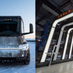 The design-updated Tesla Semi truck after a round of winter testing (left), a light tunnel prepared for the Tesla Semi production start event at Giga Nevada (right).