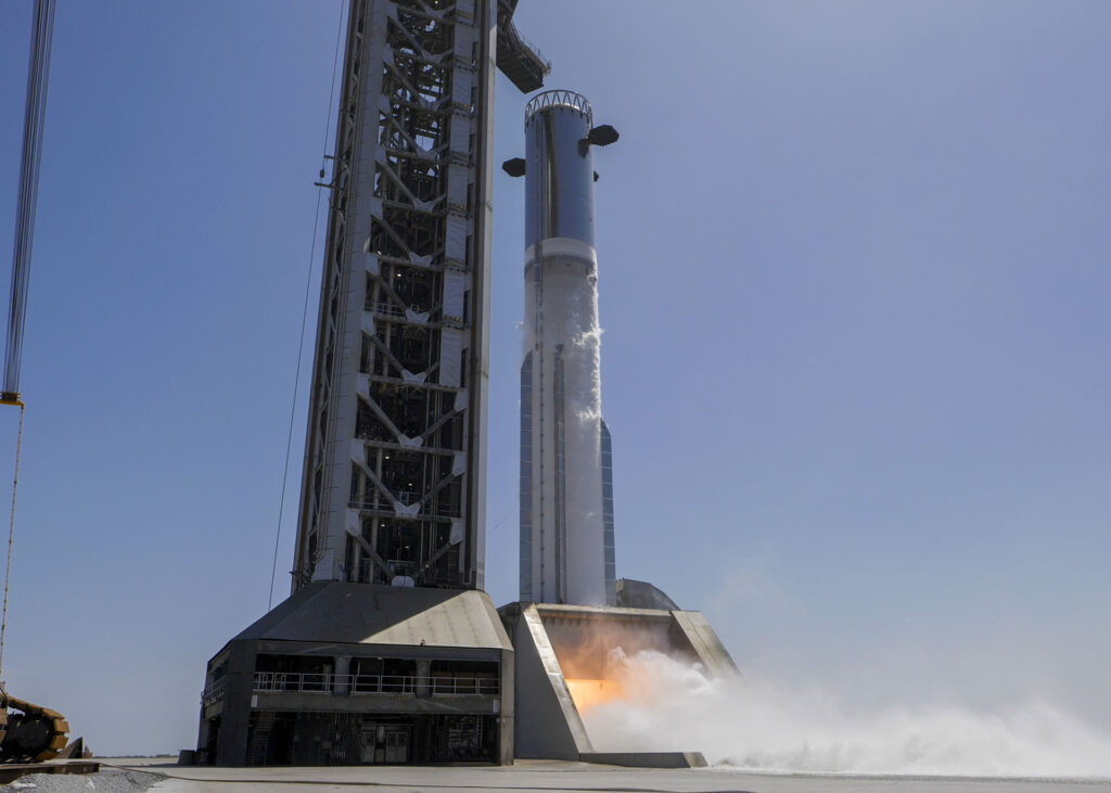 Starship Flight 12 Super Heavy v3 Booster 19 during the 10-engine static fire test on Pad 2 OLM at the Starbase, Texas, launch site on Monday, 16th March 2026.
