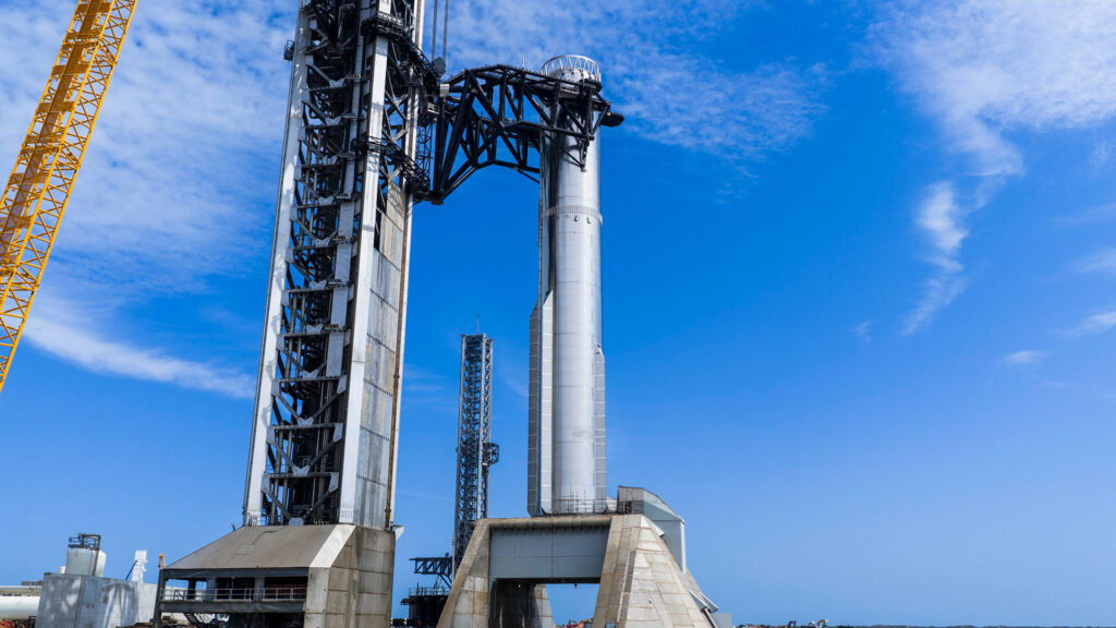 Flight 12 V3 Starship Booster 19 mounted on the Pad 2 orbital launch mount at SpaceX Starbase, Texas. Photo taken on 8th March 2026.