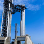 Flight 12 V3 Starship Booster 19 mounted on the Pad 2 orbital launch mount at SpaceX Starbase, Texas. Photo taken on 8th March 2026.