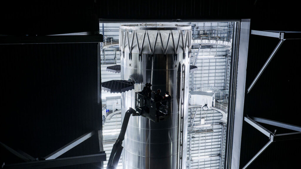 Starship V3 Booster 19 Super Heavy parked in the High Bay at Starbase, Texas, before leaving for the launch site for prelaunch testing.
