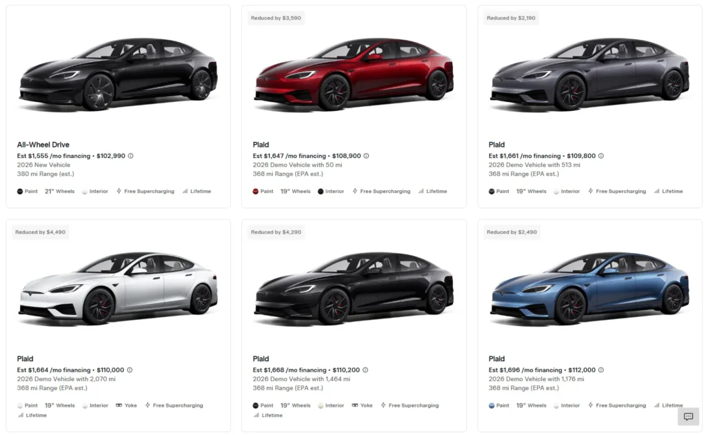 Screenshot of the Tesla Model S inventory page showing new and used vehicles with discounts and both in All-Wheel Drive and Plaid variants.