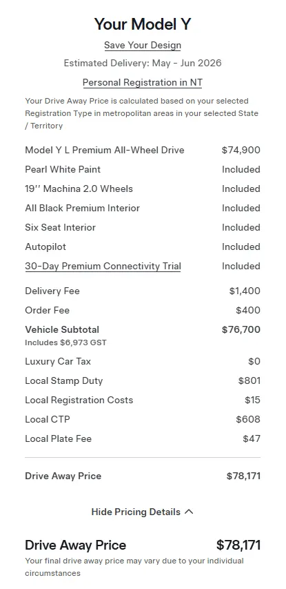 Screenshot: Breakdown of the Tesla Model Y L Premium drive-away price in Northern Australia (the least expensive in the country).