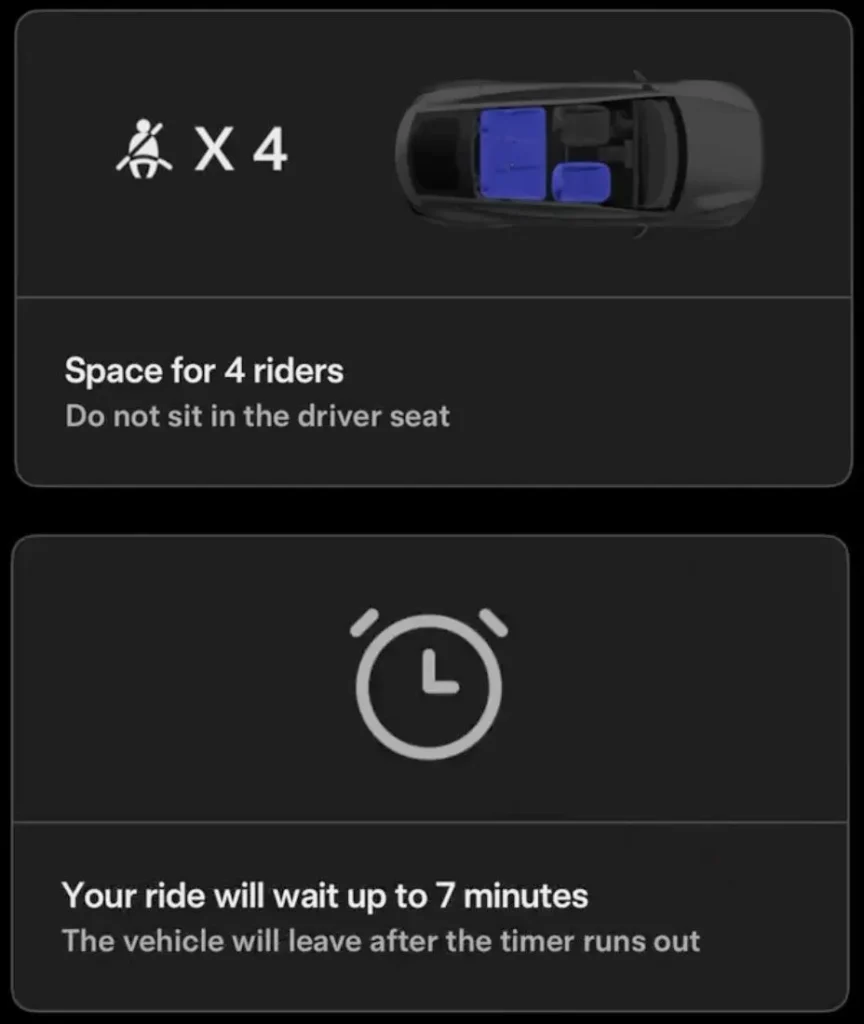 Screenshot of the Tesla Robotaxi app showing seat occupancy permission and a max 7-minute wait time.