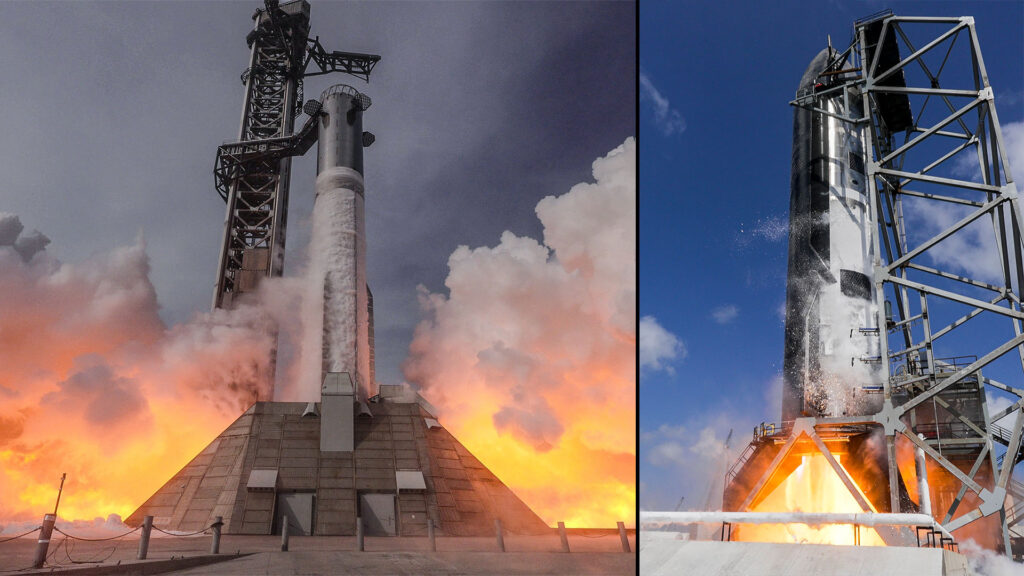 Flight 12 Starship static fire tests: Booster 19 (left) and Ship 39 (right).