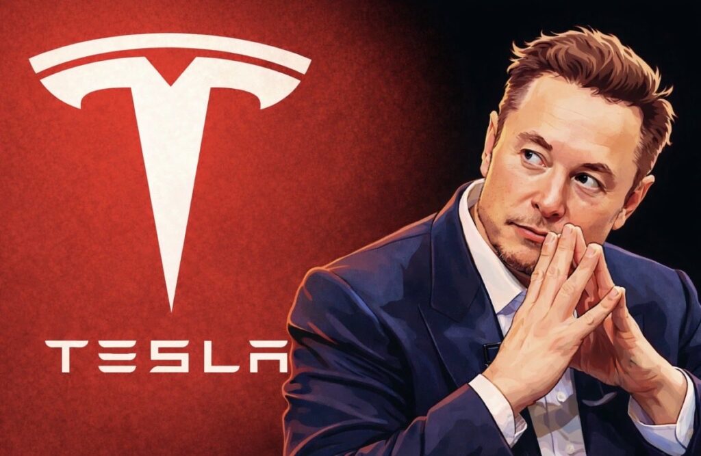 Tesla logo and wordmark (left) and an AI-generated picture of the company's CEO Elon Musk.