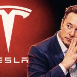Tesla logo and wordmark (left) and an AI-generated picture of the company's CEO Elon Musk.