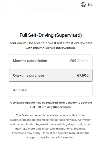 Screenshot of Tesla's online car configurator for the Netherlands showing both monthly subscription and outright purchase of Full Self-Driving.