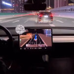 Screenshot from a video where the Tesla vehicle is driven on FSD v14 using the Mad Max speed mode.