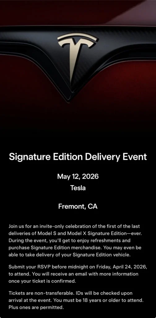 Screenshot of the Tesla Signature Edition Delivery Event invitation email.