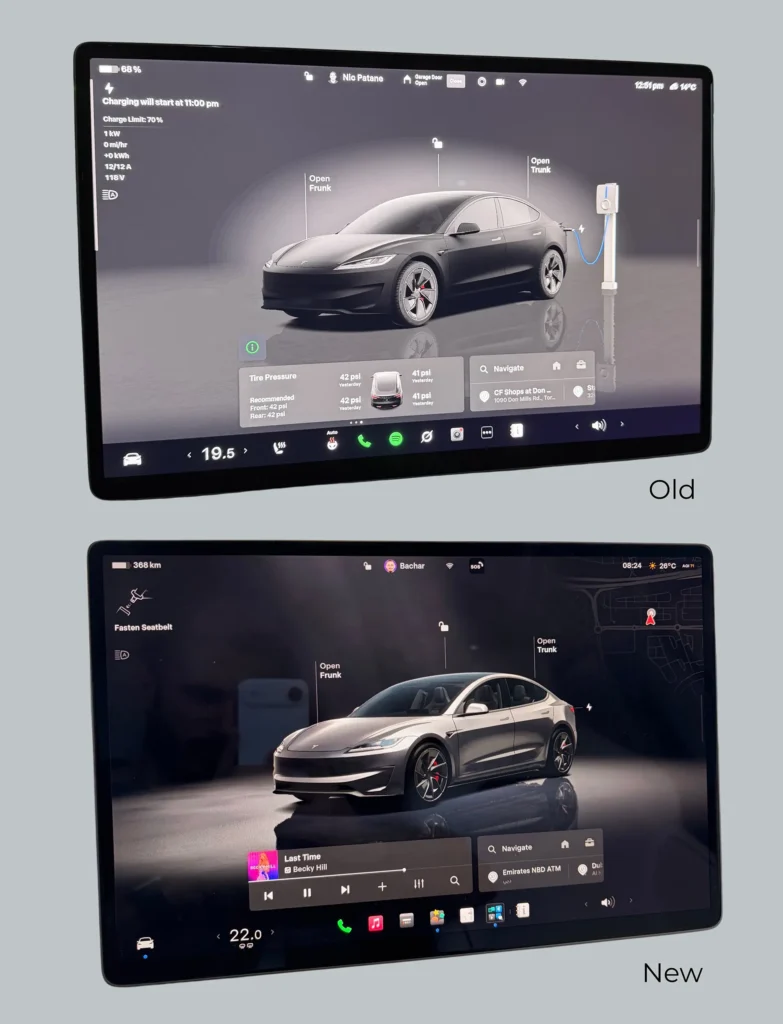 Old vs new visualization of a Tesla Model 3 on the center display of the vehicle (before and after installing the 2026 Spring Update).