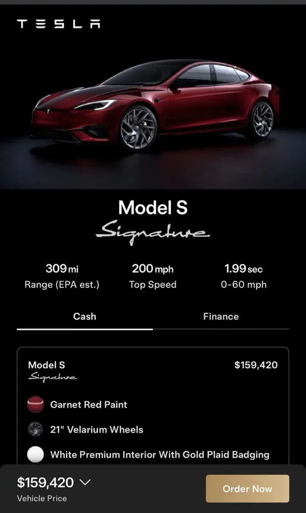 Screenshot of Tesla Model S Signature ordering page showing its price and specs.
