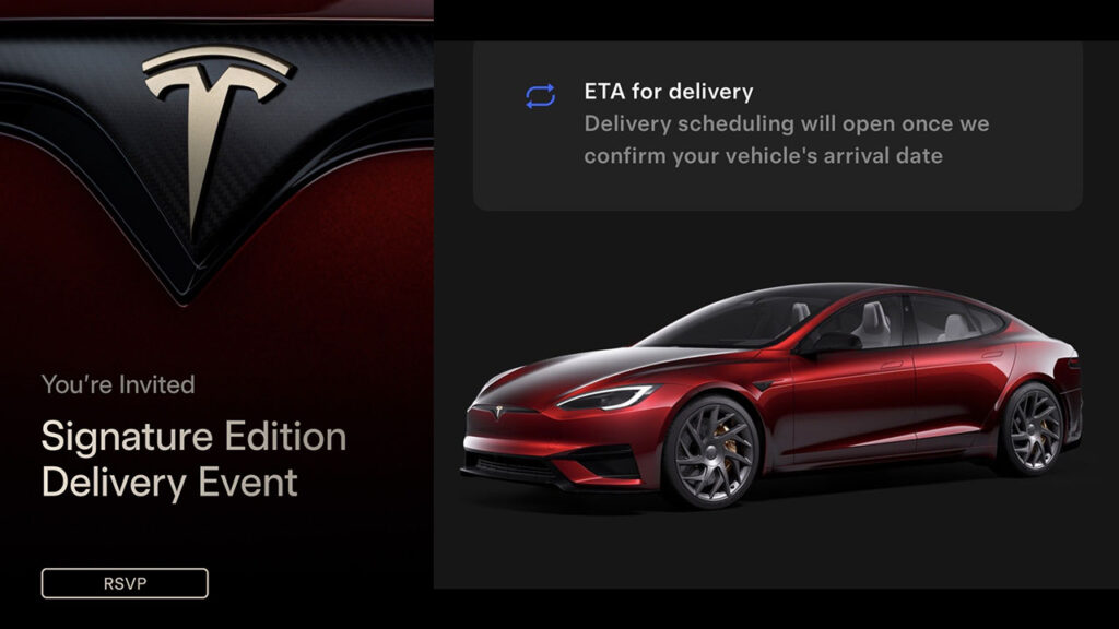 Tesla Signature Model S/X Delivery Event invite screenshot (left), Signature Model S in Garnet Red paint on a black background (right).