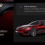 Tesla Signature Model S/X Delivery Event invite screenshot (left), Signature Model S in Garnet Red paint on a black background (right).