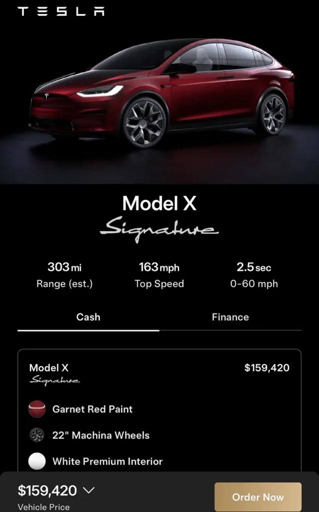 Screenshot of Tesla Model X Signature ordering page showing its price and specs.