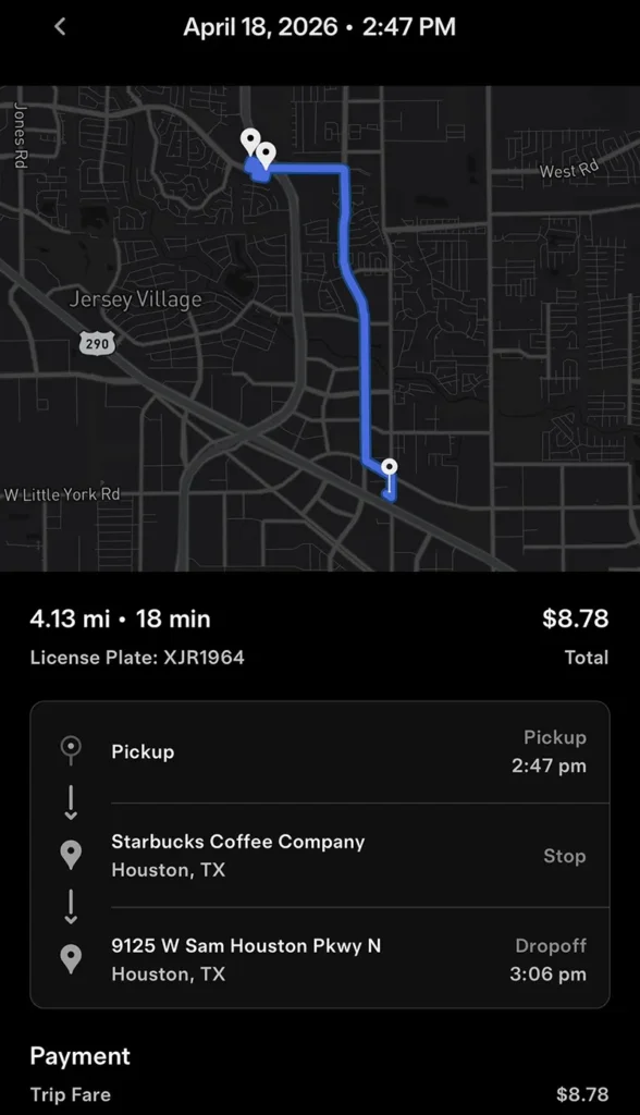Screenshot of Tesla Robotaxi service trip fare and route information. The autonomous ride-hailing service was taken in Houston, Texas.