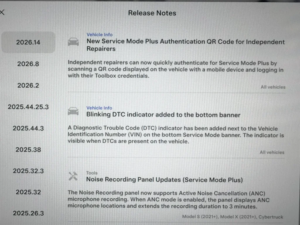 Spring Update 2026.14 improves various Service Mode Vehicle Info features and Tools.