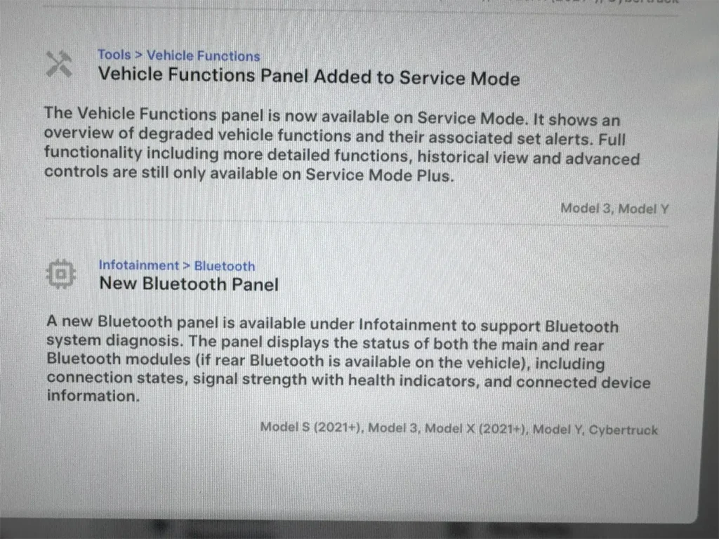 Screenshot: Tesla Spring Update 2026.14 improves various Service Mode Vehicle Info and Infotainment features.
