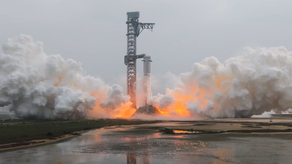 Starship Flight 12 Booster 19 rocket going through its 2nd static fire test at Starbase, Texas, on Thursday, 7th May, 2026.