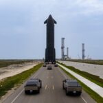 SpaceX-owned squad of Cybertrucks escort Flight 12 Starship to the launch site at Starbase, Texas.