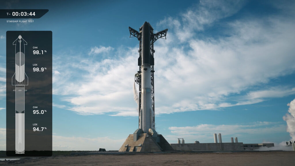 Flight 12 Starship around 3 minutes before the T -40 second hold that ended in a scrub. Prop-load status visualization on the left of the screen.