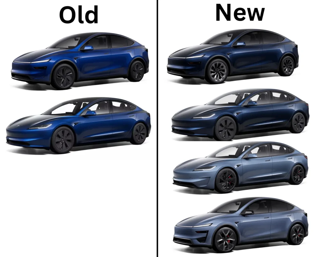 The old Deep Blue Metallic color on Model Y and Model 3 (left column) and the new Marine Blue and Frost Blue Metallic colors (right column).