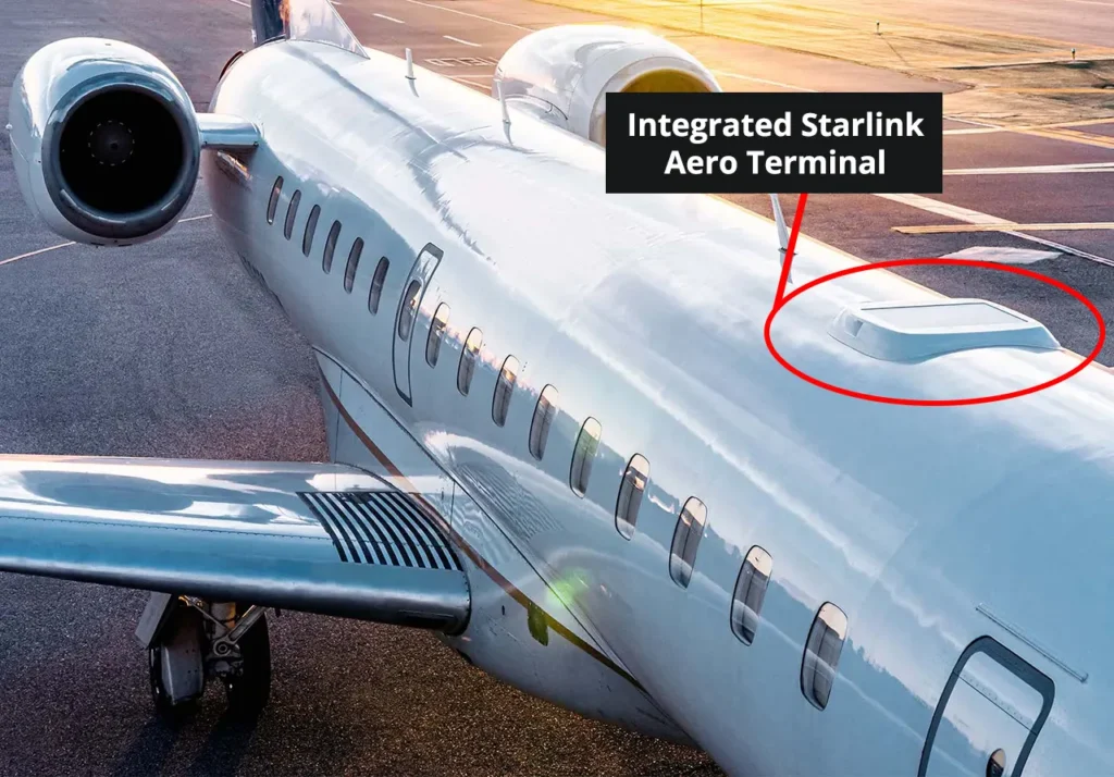 Circled in red: SpaceX Starlink Aero Terminal (satellite internet receiver) installed on a jet plane.