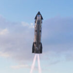 Two Raptor 3 engines firing for a landing burn moments before the Flight 12 Starship (Ship 39) touches the surface of the Indian Ocean for a splashdown landing.