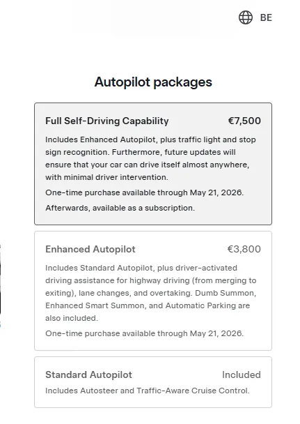 Screenshot of Tesla online configurator showing 21st May as the last date for outright purchase of FSD.