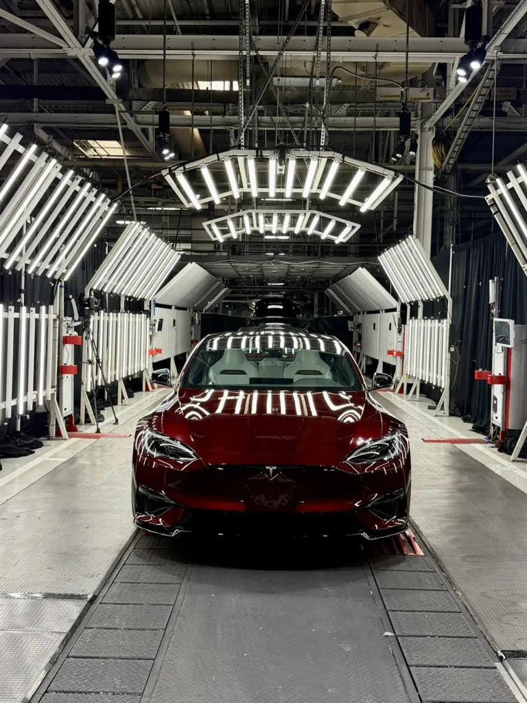 One of the last Tesla Model S Plaid Signature in Garnet Red color at the Fremont factory during the Delivery Event.