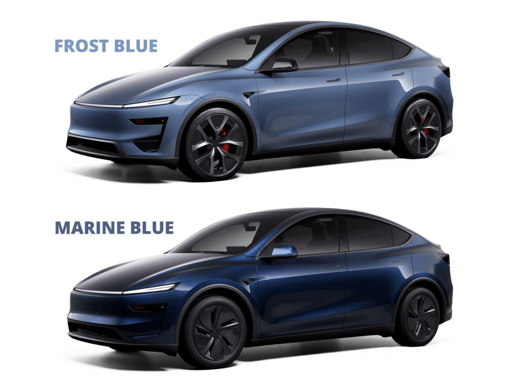 Tesla Model Y Juniper in Frost Blue (top) and Marine Blue (bottom) colors launched in May 2026.