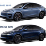 Tesla Model Y Juniper in Frost Blue (top) and Marine Blue (bottom) colors launched in May 2026.