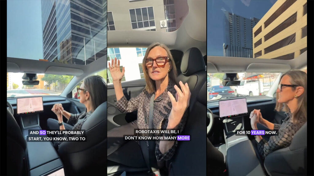 Screenshots of ARK Invest's Cathie Wood taking a ride in a Tesla Robotaxi and giving her review and future prospects (video above).