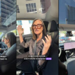 Screenshots of ARK Invest's Cathie Wood taking a ride in a Tesla Robotaxi and giving her review and futurue prospects.