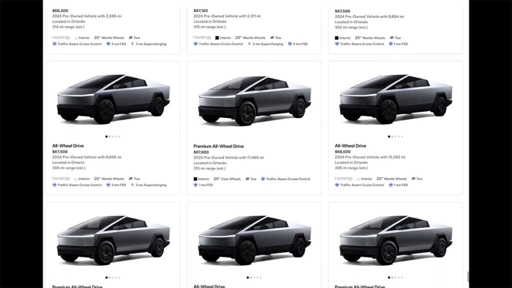 Screenshot of the Tesla Cybertruck inventory page as Tesla sold them at discounted prices.