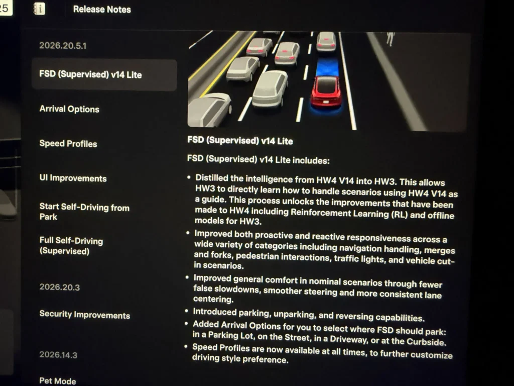 Screenshot of FSD v14 Lite Official Release Notes.