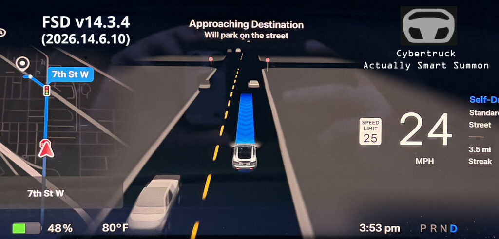 Tesla software update 2026.14.6.10 (FSD v14.3.4) brings Actually Smart Summon (ASS) to Cybertruck and improves destination parking features.