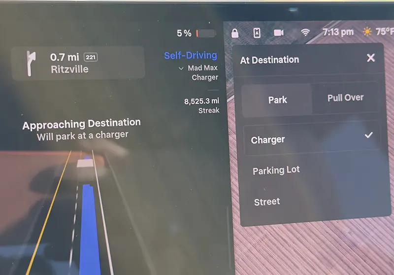 Tesla FSD v14.3.4 shows a pop-up asking each time for destination parking or pull over options.