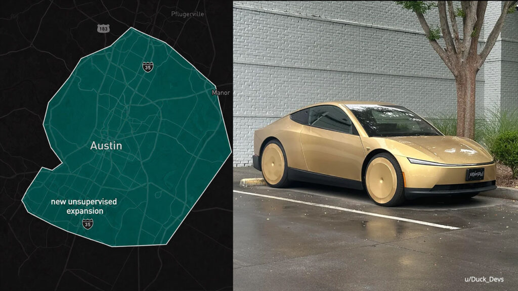 Unsupervised Tesla Robotaxi map for Austin Metro Area (left), a Cybercab robotaxi vehicle spotted at a Tesla Store in Atlanta, Georgia.