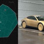 Unsupervised Tesla Robotaxi map for Austin Metro Area (left), a Cybercab robotaxi vehicle spotted at a Tesla Store in Atlanta, Georgia.