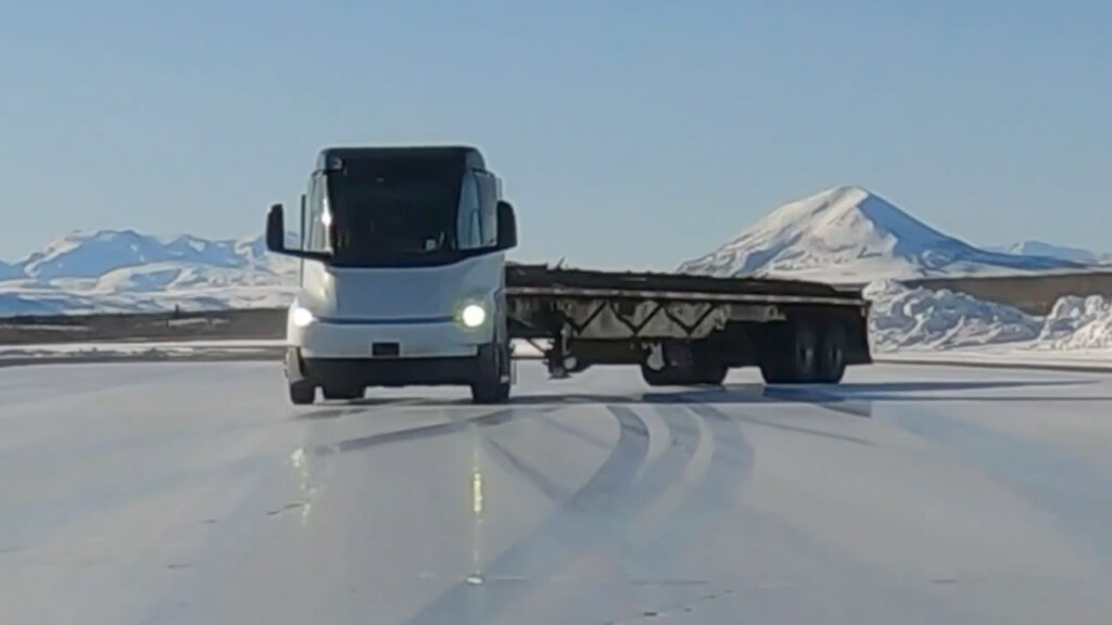Tesla Semi truck being tested on an icy road to evaluate a jackknife scenario. These trials are performed at Tesla's winter testing facility in Alaska, United States.