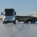 Tesla Semi truck being tested on an icy road to evaluate a jackknife scenario. These trials are performed at Tesla's winter testing facility in Alaska, United States.