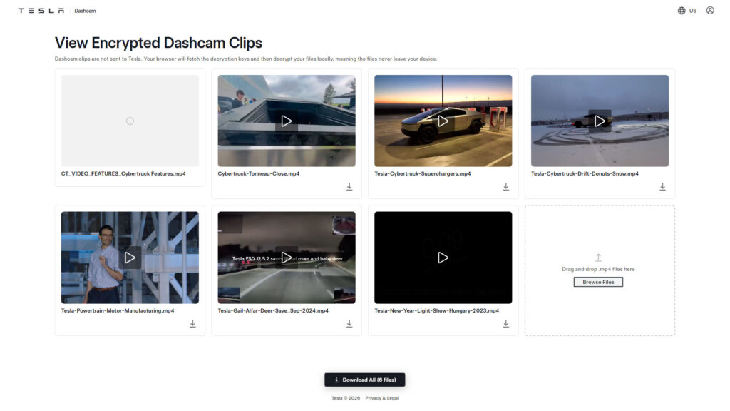 Screenshot of Tesla's online tool to view and decrypt the encrypted dashcam videos.