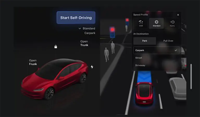 Tesla FSD UI improved in v14.3.3 (Start Self-Driving button on the center display).
