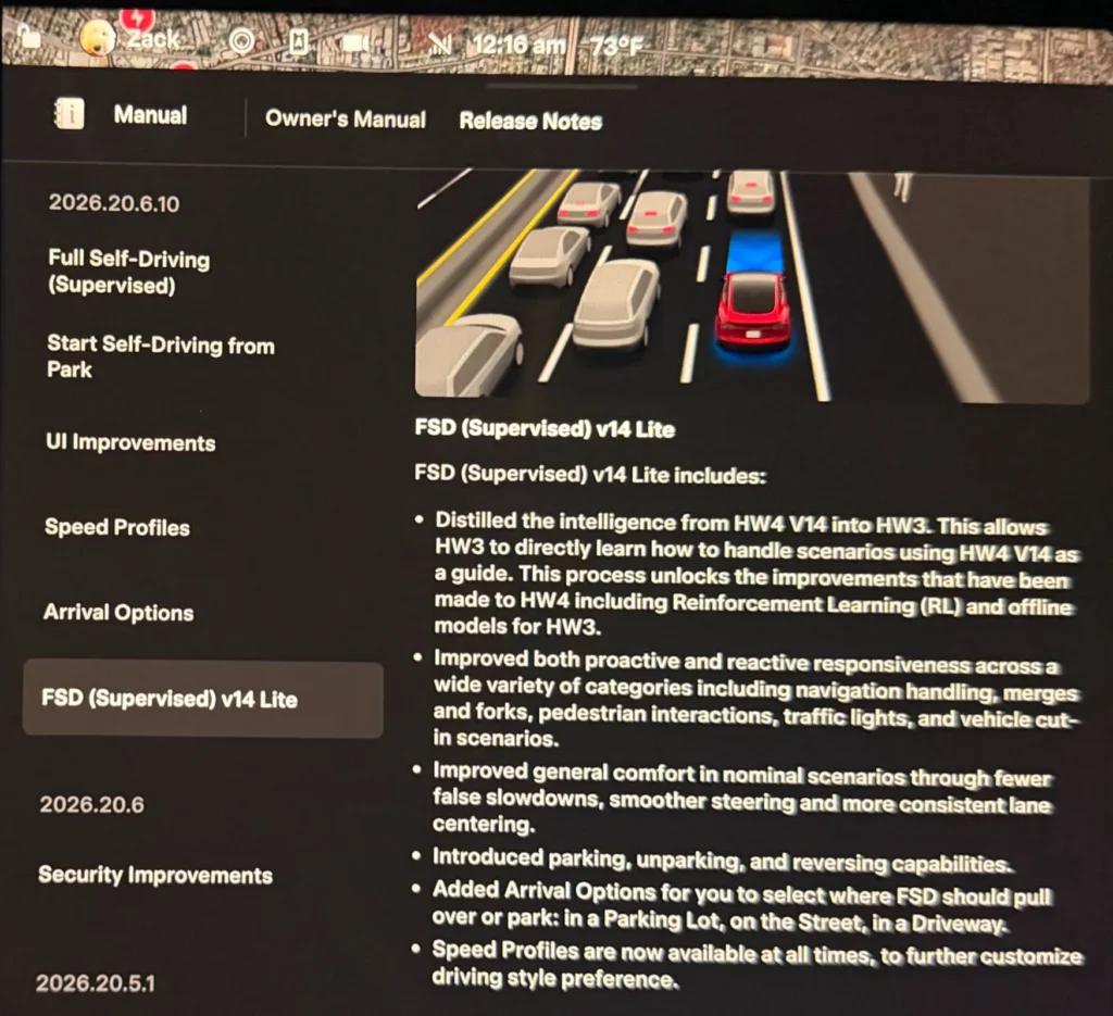 Screenshot of the FSD v14 Lite (2026.20.6.10) official release notes.