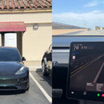 A legacy black Tesla Model 3 with HW3 computer (left), FSD v14 Lite visualizations (right).