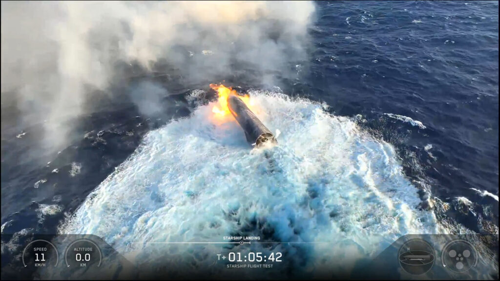 Flight 13 Starship 40 floating on the surface of the Indian Ocean after making a soft splashdown landing on Friday, July 24, 2026.